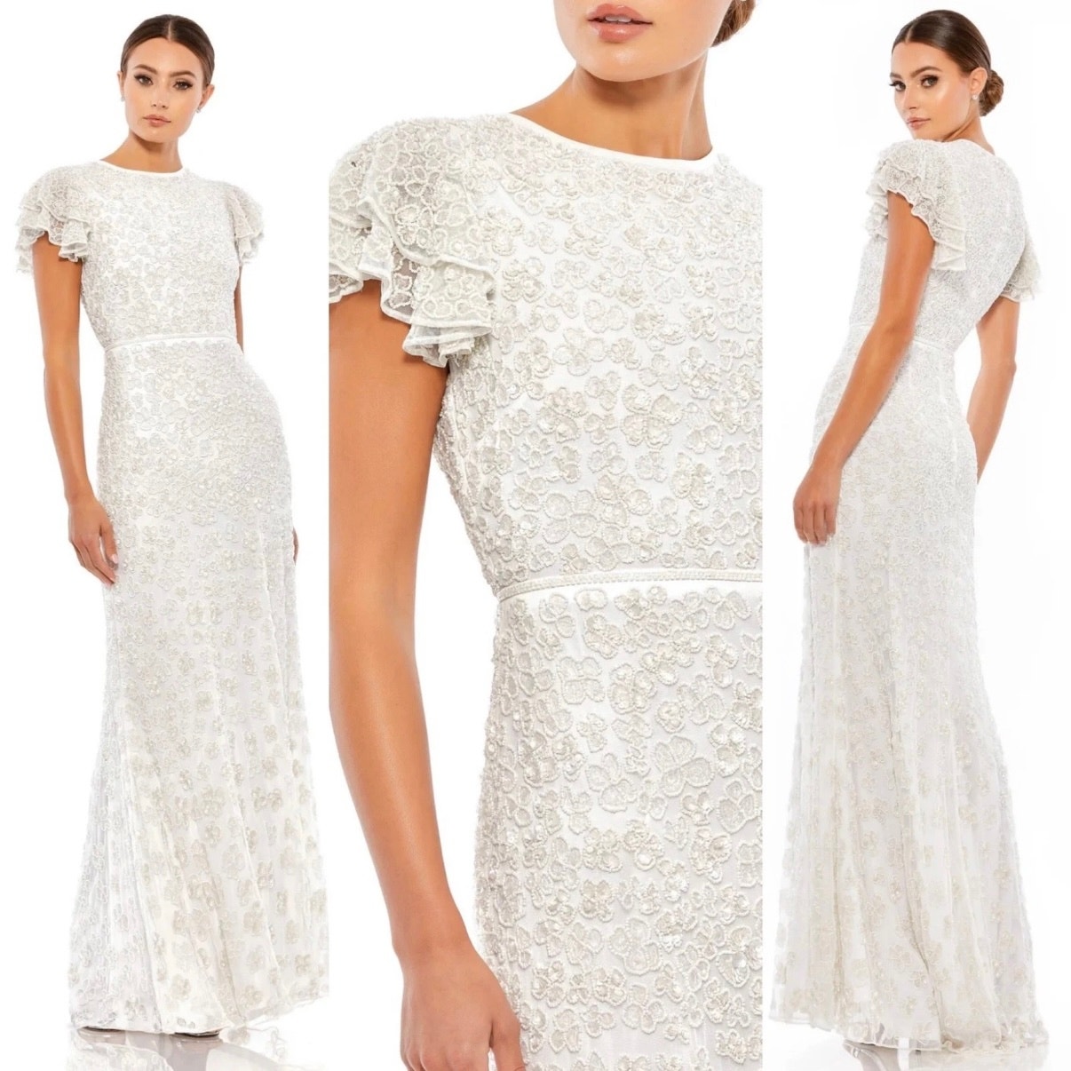 Mac Duggal Nwt High Neck Flutter Cap Sleeve Gown White Sz 4 Fully Beaded Sequin